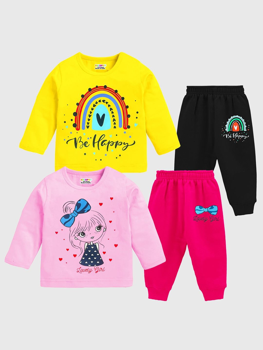 

KUCHIPOO Girls Pack Of 2 Printed Round Long Sleeves T-Shirt With Jogger, Yellow