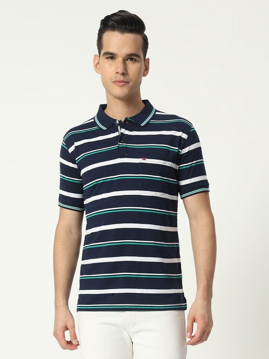 

TAB91 Men Striped Polo Collar Cotton T-shirt, Navy blue