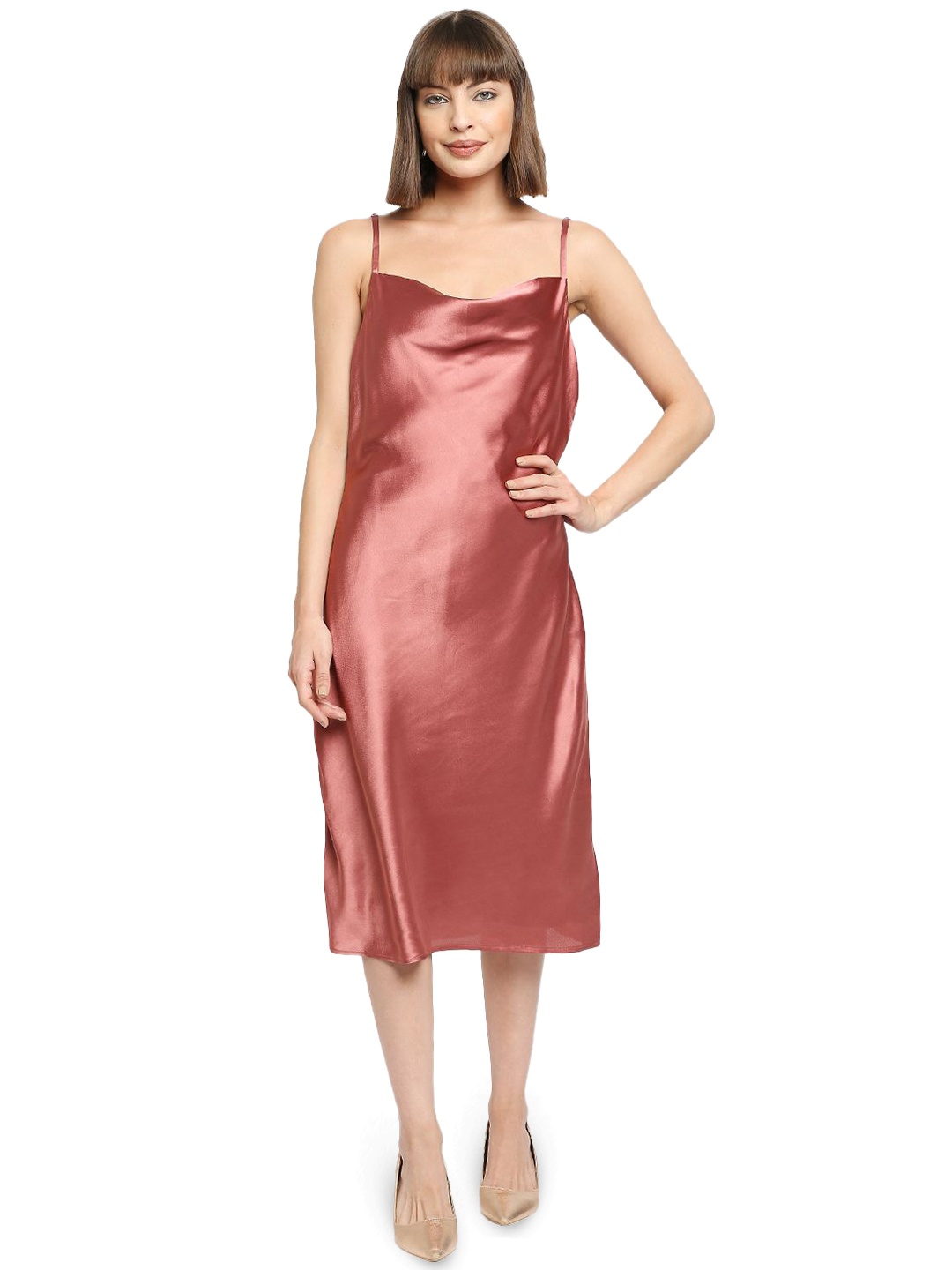 

AMMARZO Women Cowl Neck Satin A-Line Midi Dress, Rose