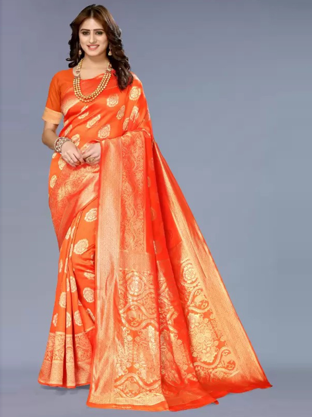 

KALINI Woven Design Zari Pure Silk Kanjeevaram Saree, Orange