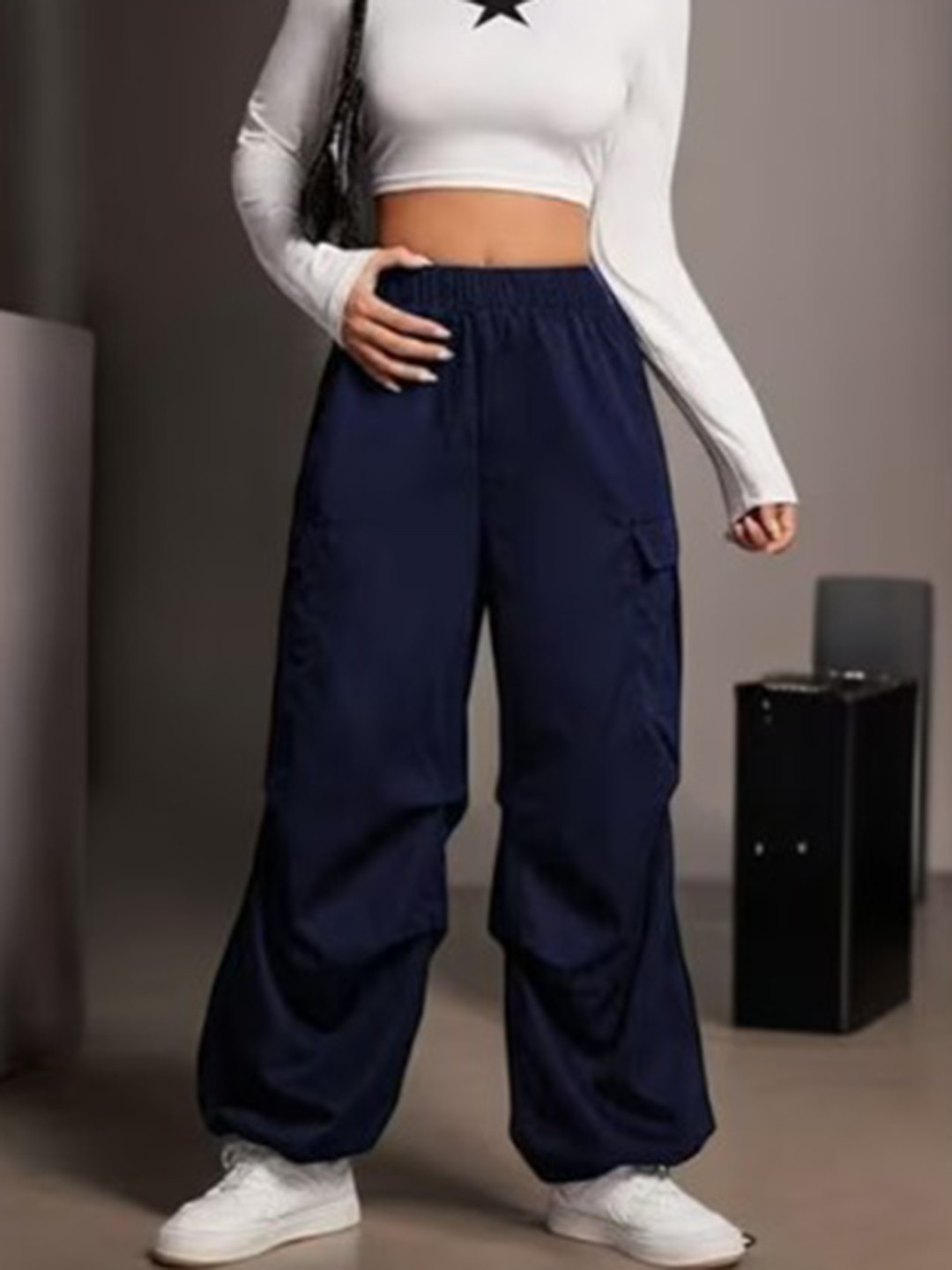 

Next One Women Smart High-Rise Easy Wash Cargos Trousers, Navy blue