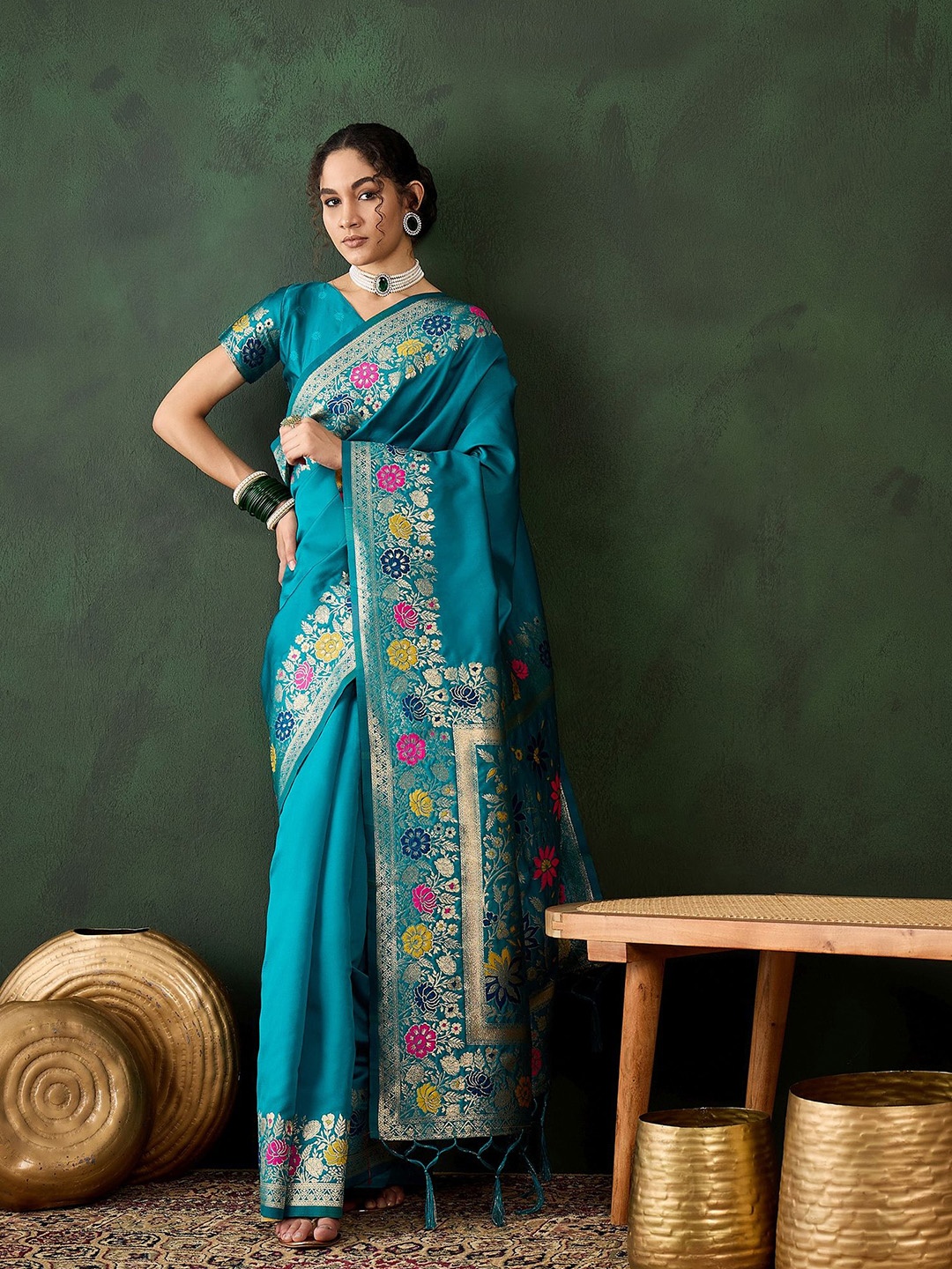 

Mitera Woven Design Zari Silk Blend Saree, Teal