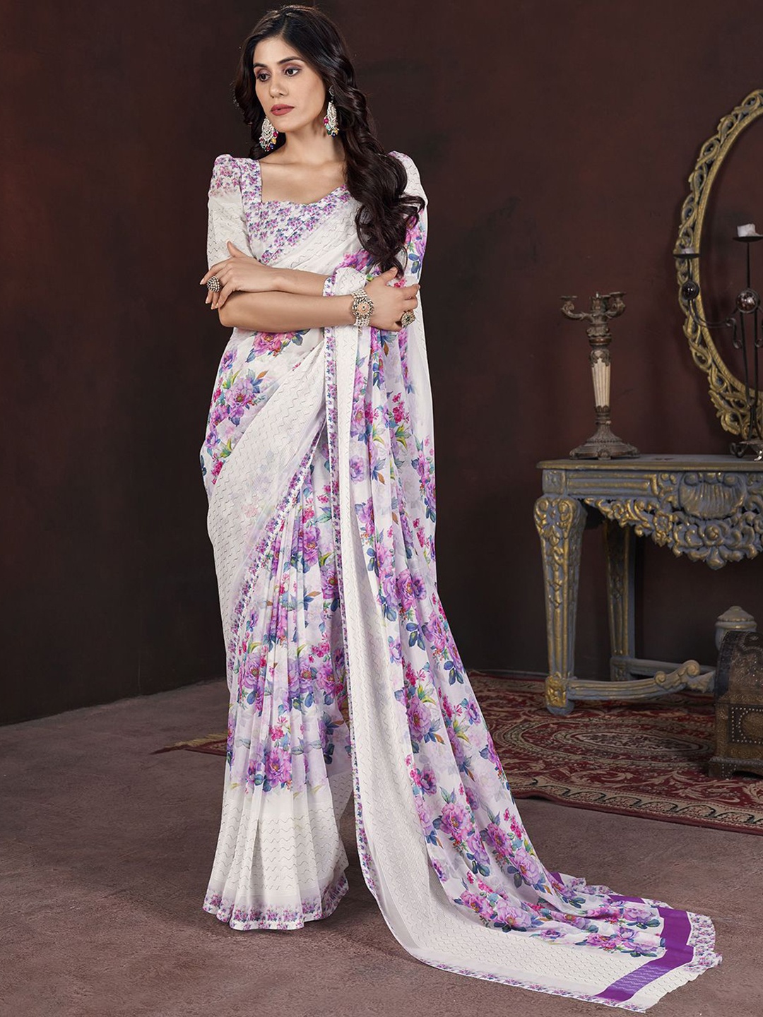 

Mitera Floral Printed Pure Georgette Saree, White