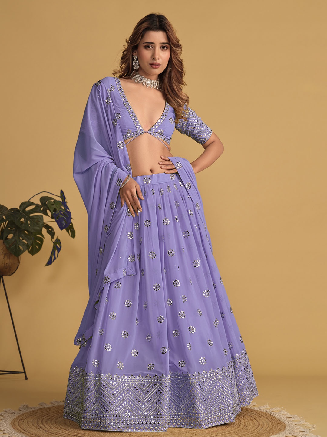

Ethnic Yard Embroidered Georgette Semi-Stitched Lehenga & Unstitched Blouse & Dupatta, Lavender