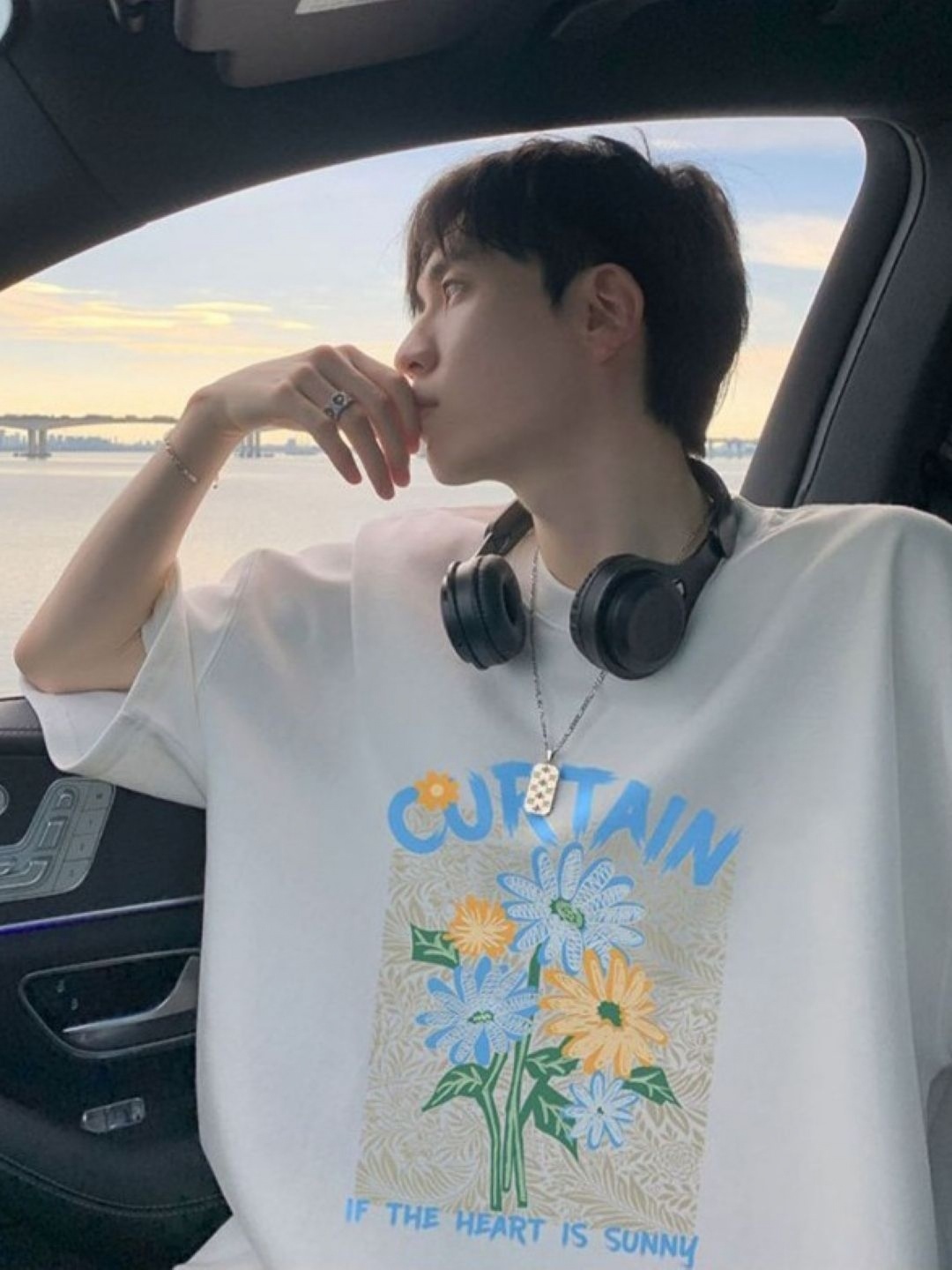 

HERE&NOW Men Floral Printed Round Neck Cotton Oversized T-shirt, Cream