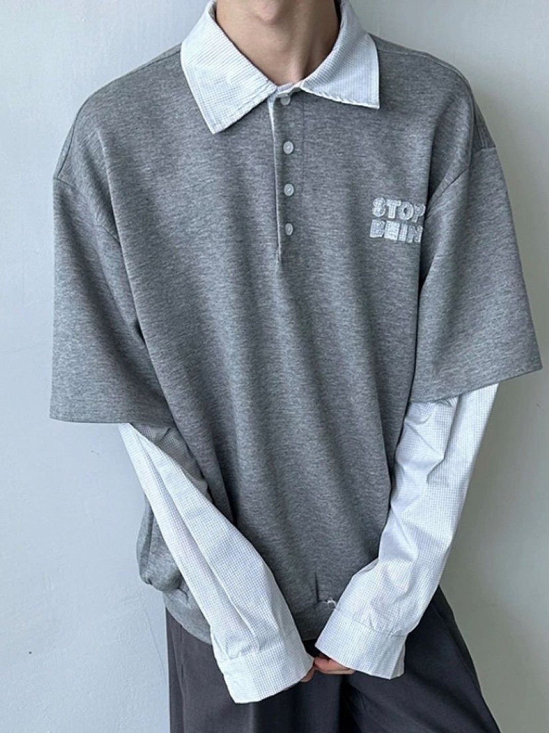 

HERE&NOW Men Typography Printed Polo Collar Oversized T-shirt, Grey