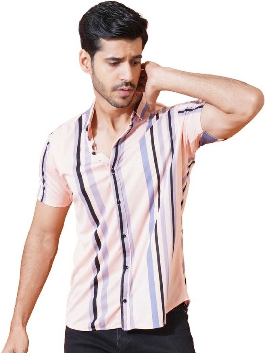 

STI Men Spread Collar Vertical Striped Casual Shirt, Pink