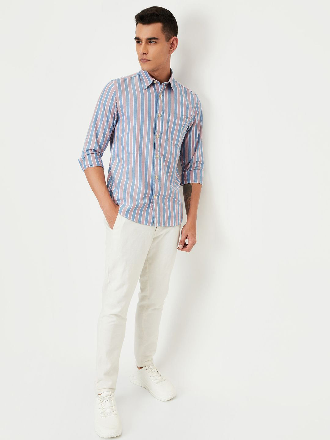 

max Men Spread Collar Vertical Striped Cotton Casual Shirt, Orange