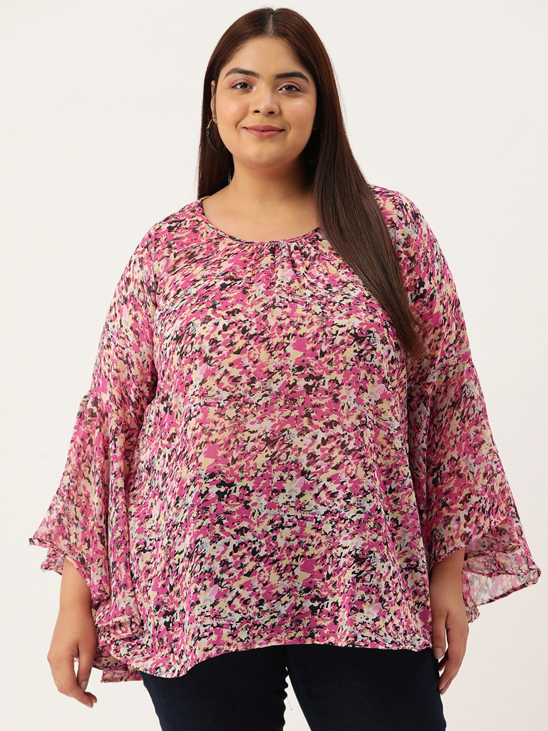 

theRebelinme Women Floral Printed Bell Sleeve Longline Top, Pink