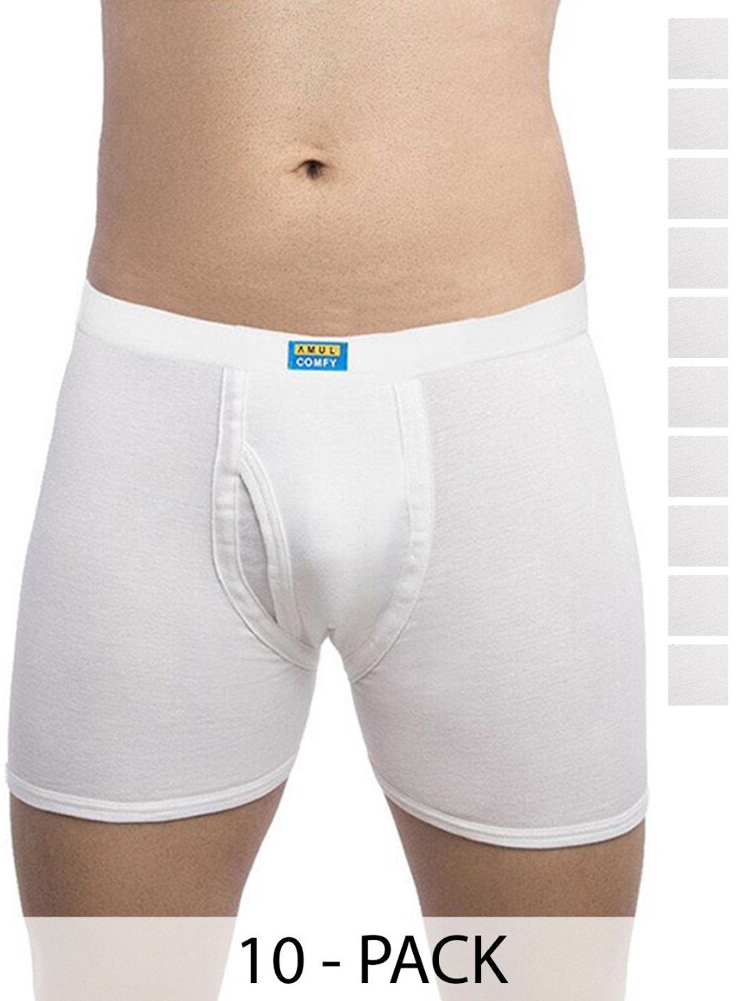 

AMUL COMFY Men Pack Of 10 Mid Rise Trunks Comfy-Plain-White-Trunk-IE-10-75