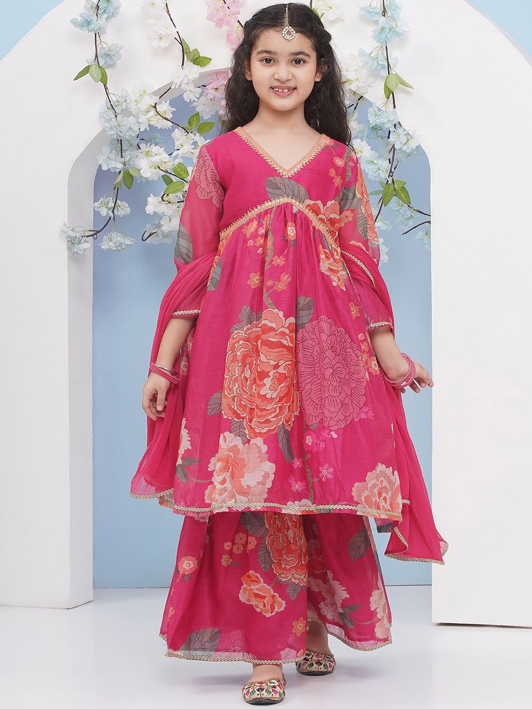 

Bitiya by Bhama Girls Floral Printed Empire Anarkali Kurta with Sharara & Dupatta, Pink