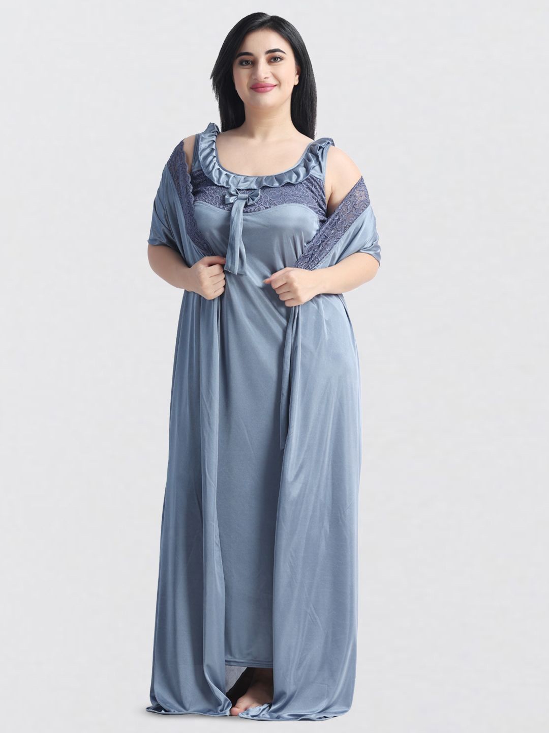 

NIGHT KEYS Women Everyday Set Of 6 Piece Sweat Nightdress, Grey