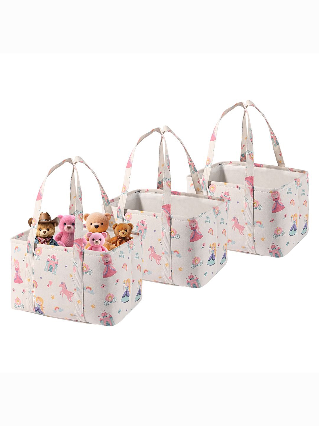 

Kuber Industries Cream-Coloured & Pink 3 Pieces Printed Tote Basket Organisers