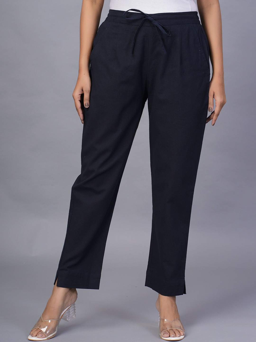 

KALINI Women Pleated Mid-Rise Regular Trousers, Blue