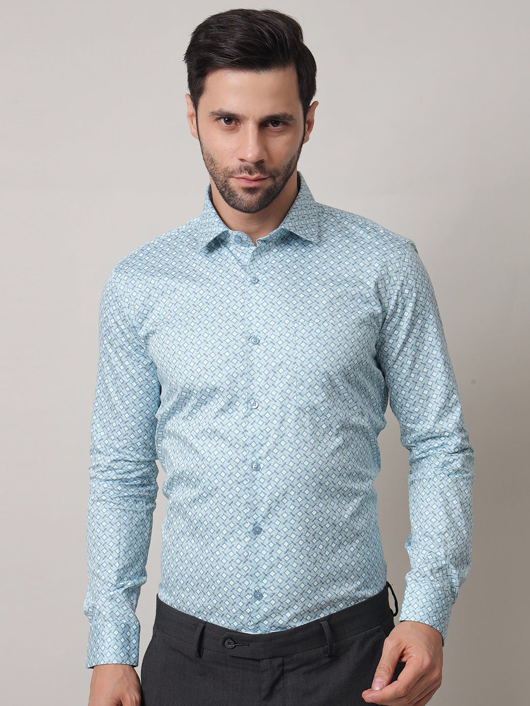 

John Philips Men India Slim Spread Collar Micro Ditsy Printed Formal Shirt, Blue