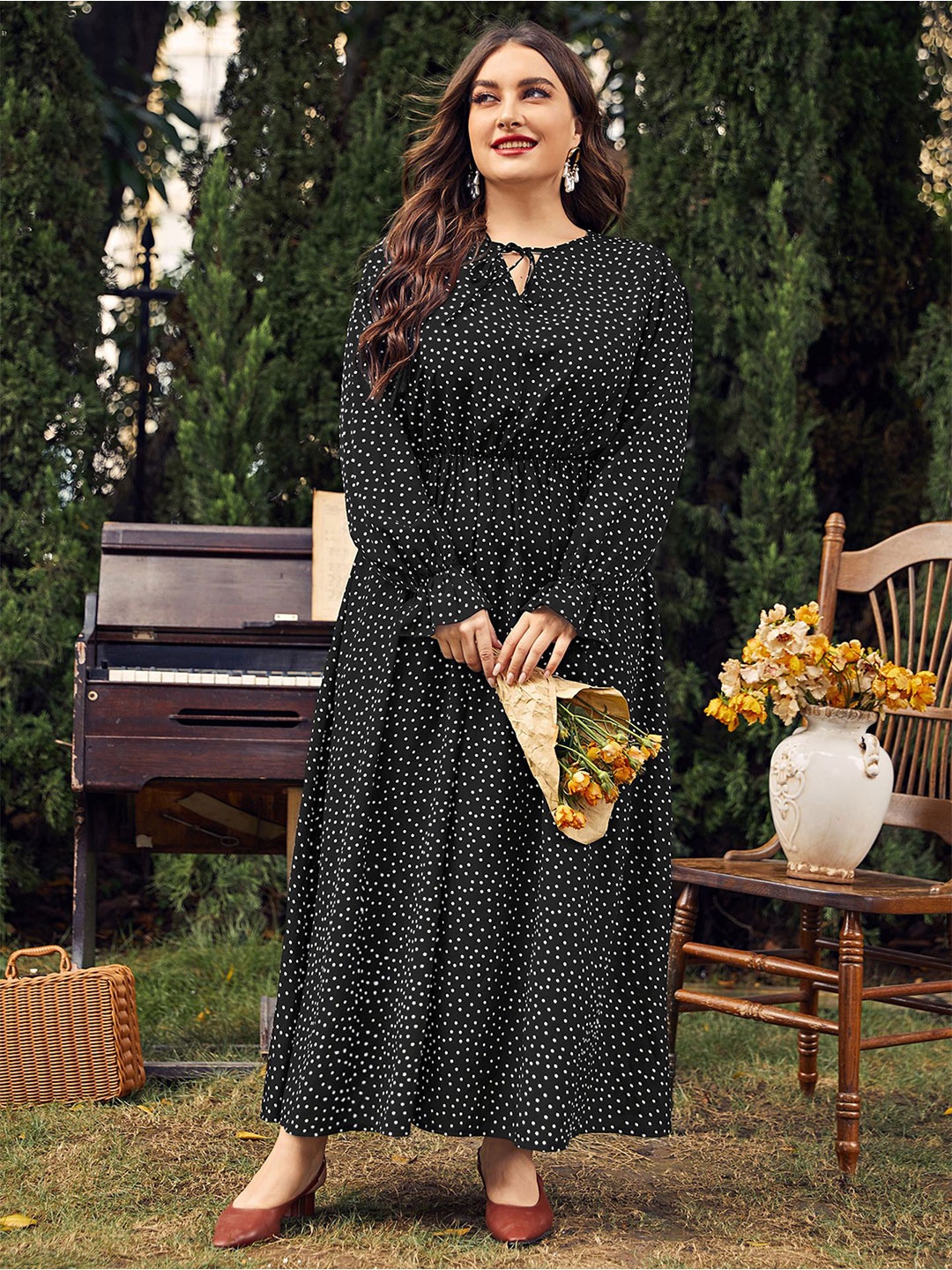 

StyleCast Curve Women Polka Dots Printed Maxi Dress, Black