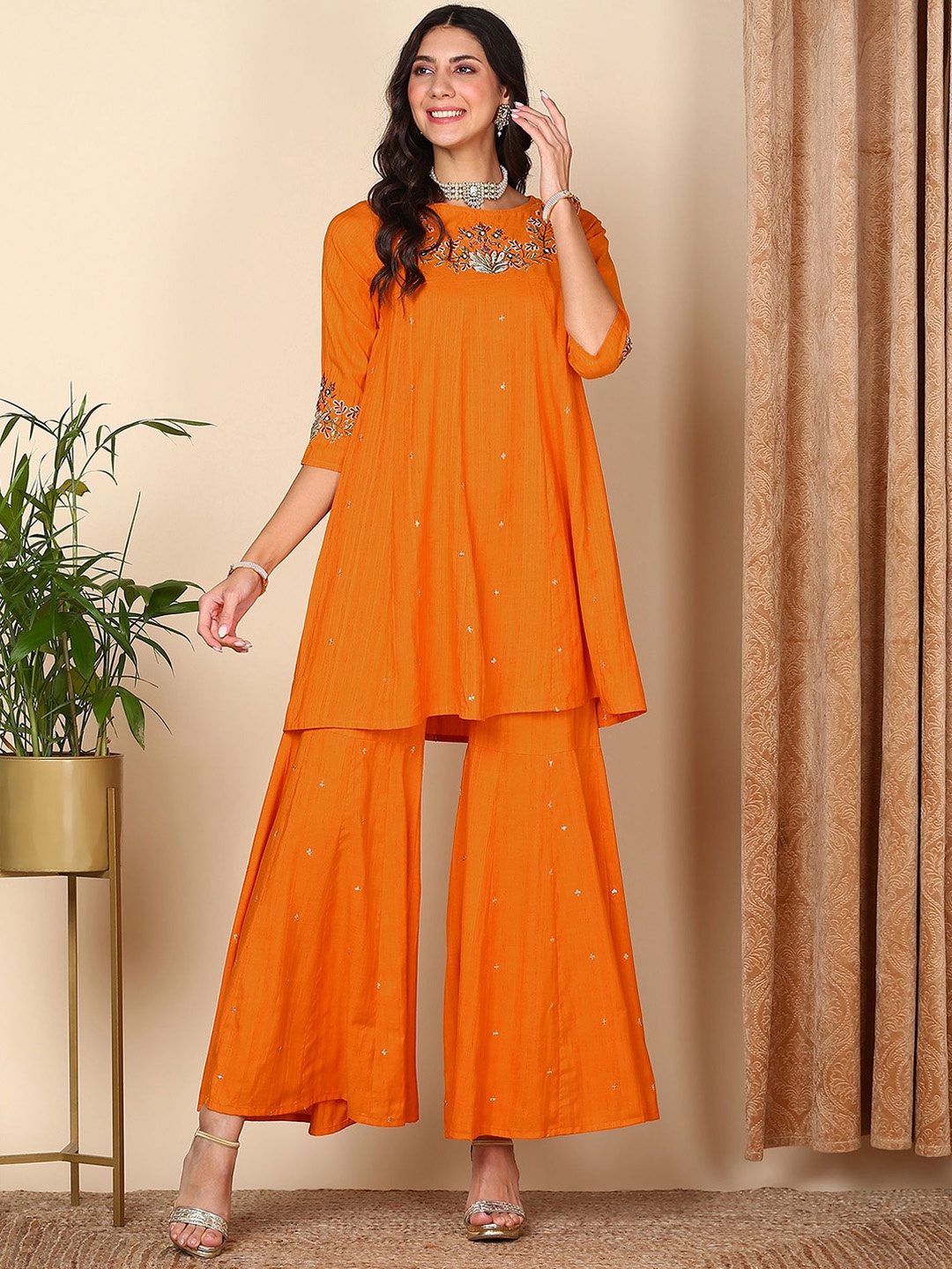 

HERE&NOW Embroidered Thread Work Pure Silk A-Line Kurta With Sharara, Orange