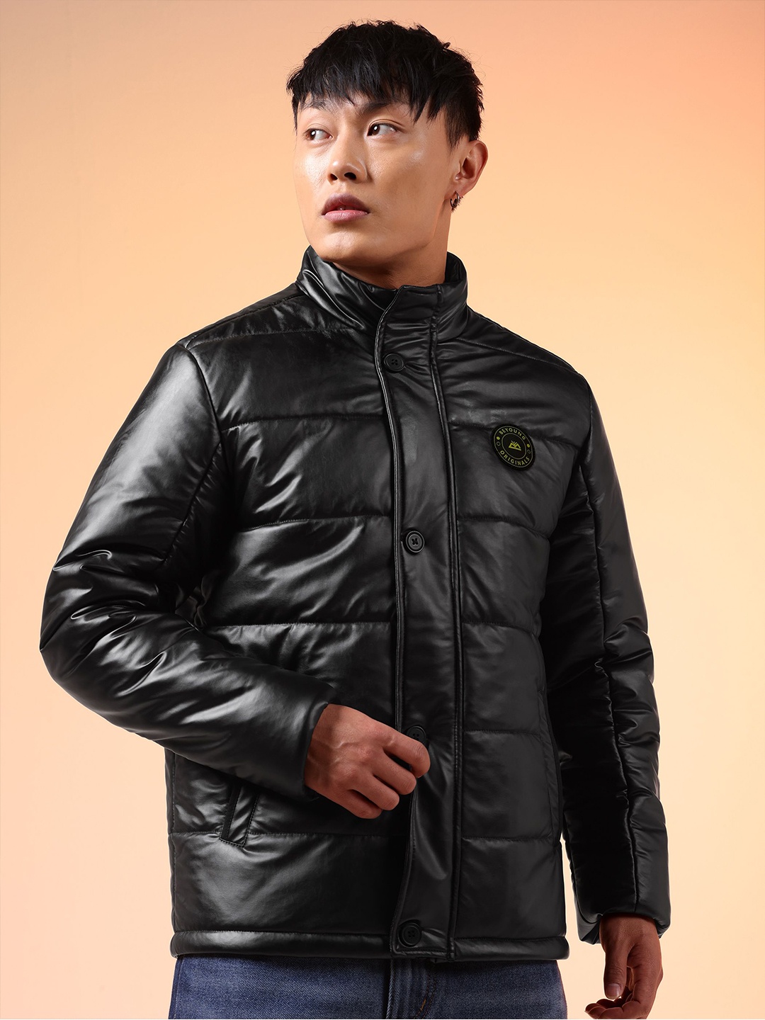 

Beyoung Men Stand Collar Solid Casual Puffer Jacket, Black