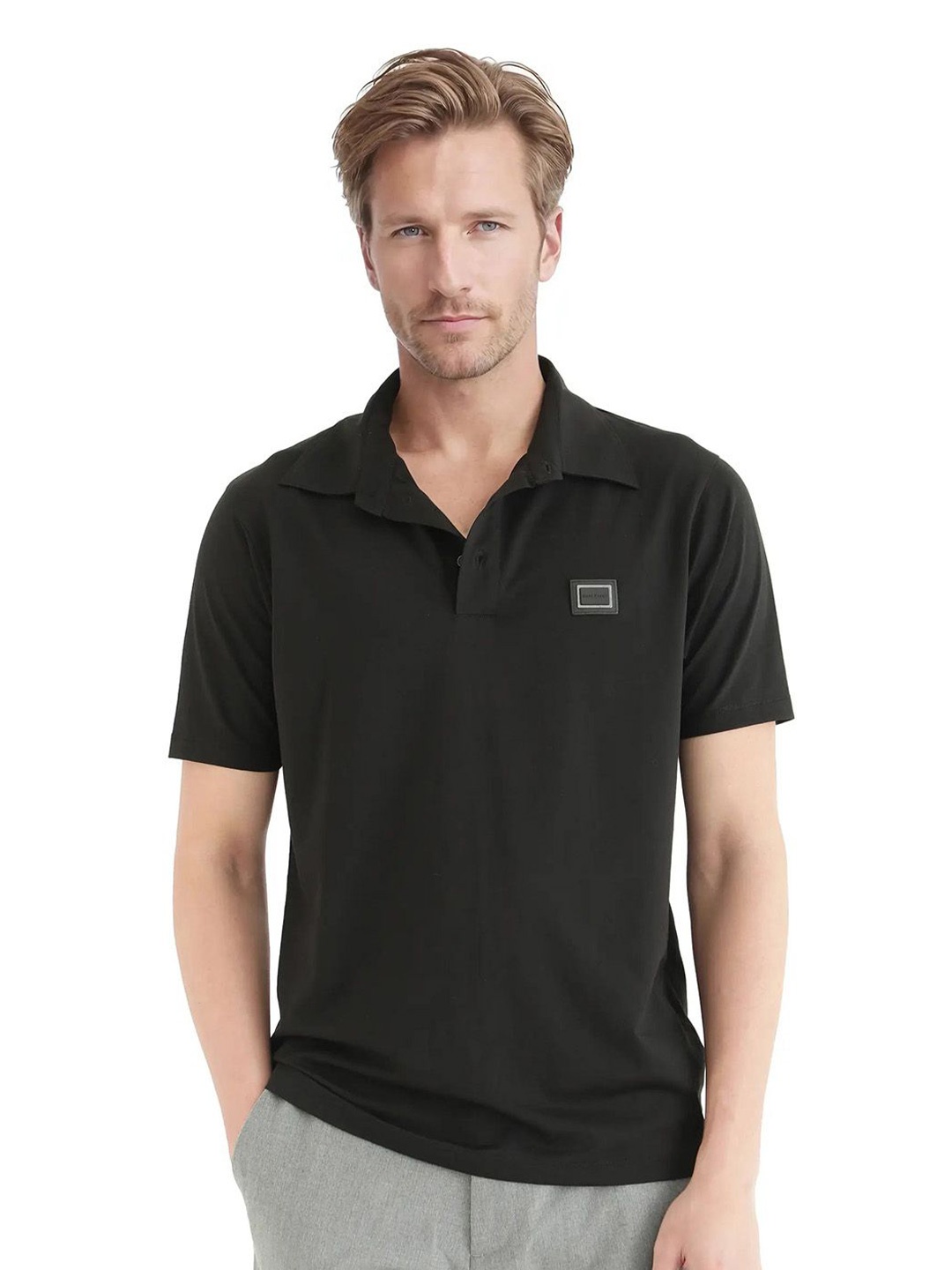 

RARE RABBIT Men Solid Polo Collar Cotton T-shirt, Black