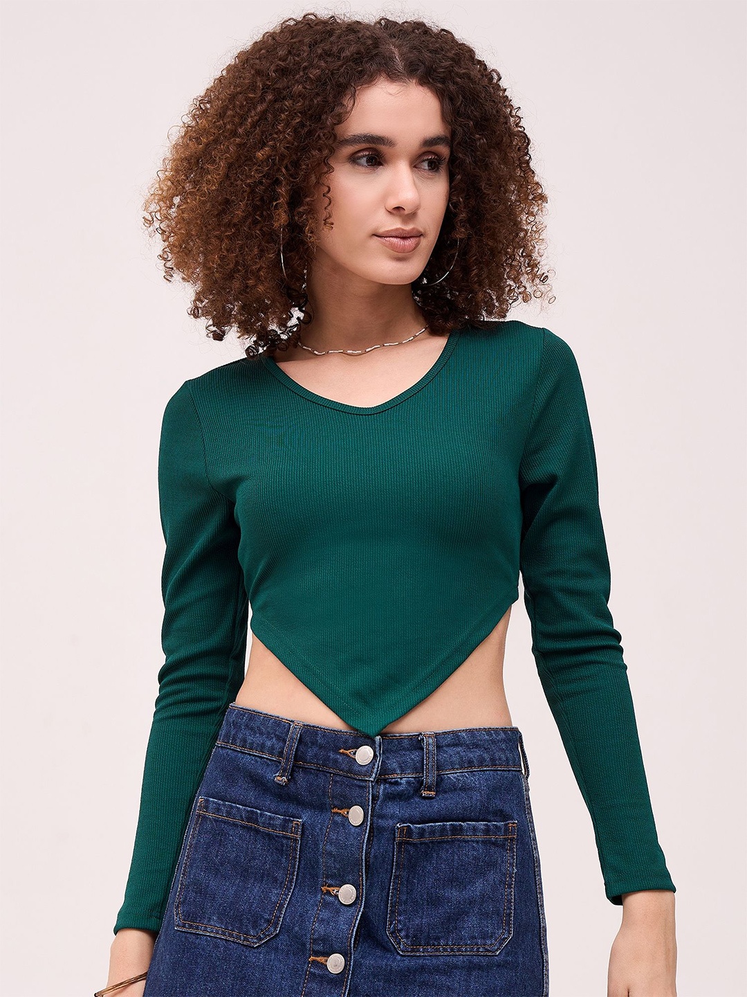 

Mayra Women V-Neck Ribbed Crop Fitted Top, Green