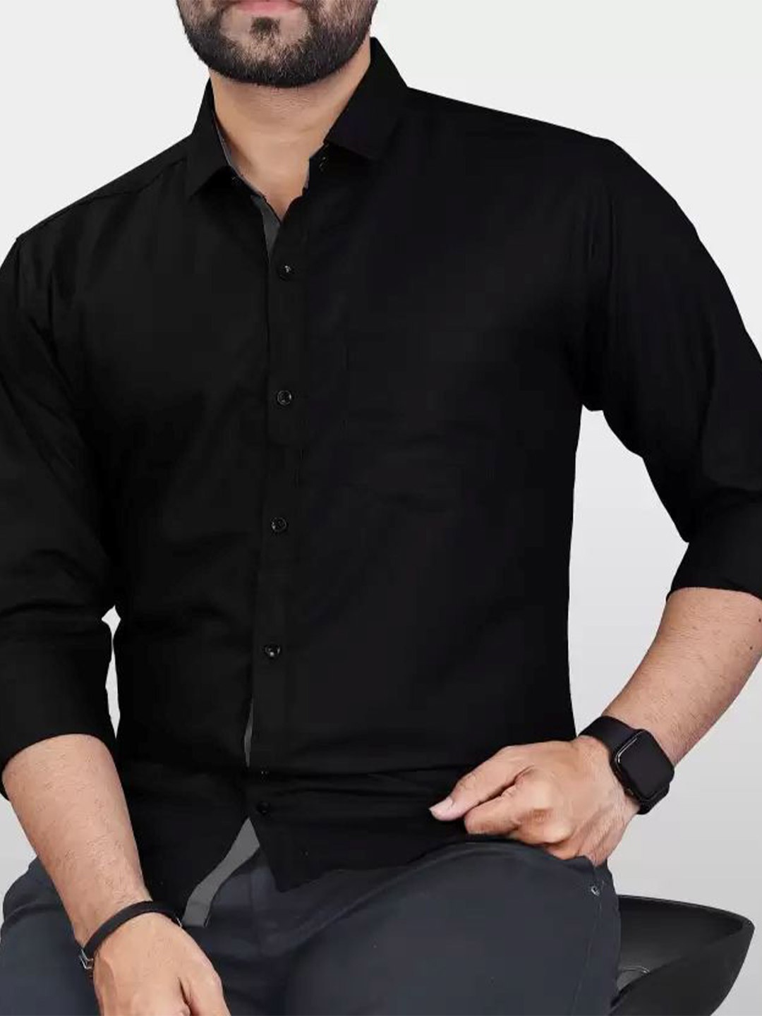 

Tanip Men Spread Collar Solid Cotton Casual Shirt, Black