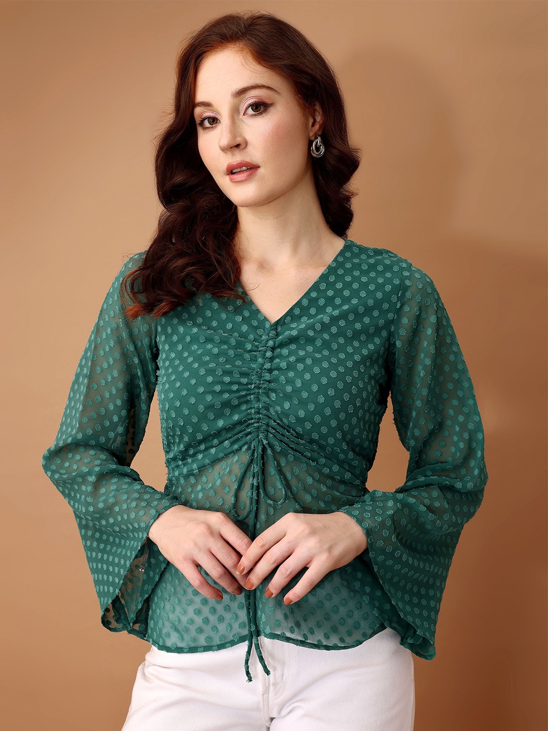 

DressBerry Women Polka Dot Bell Sleeve Top, Green