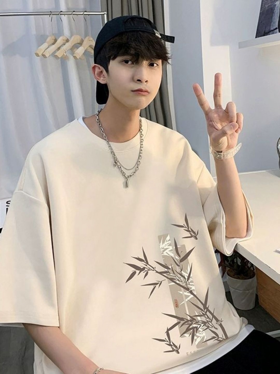 

HERE&NOW Men Floral Printed Round Neck Cotton Oversized T-shirt, Cream