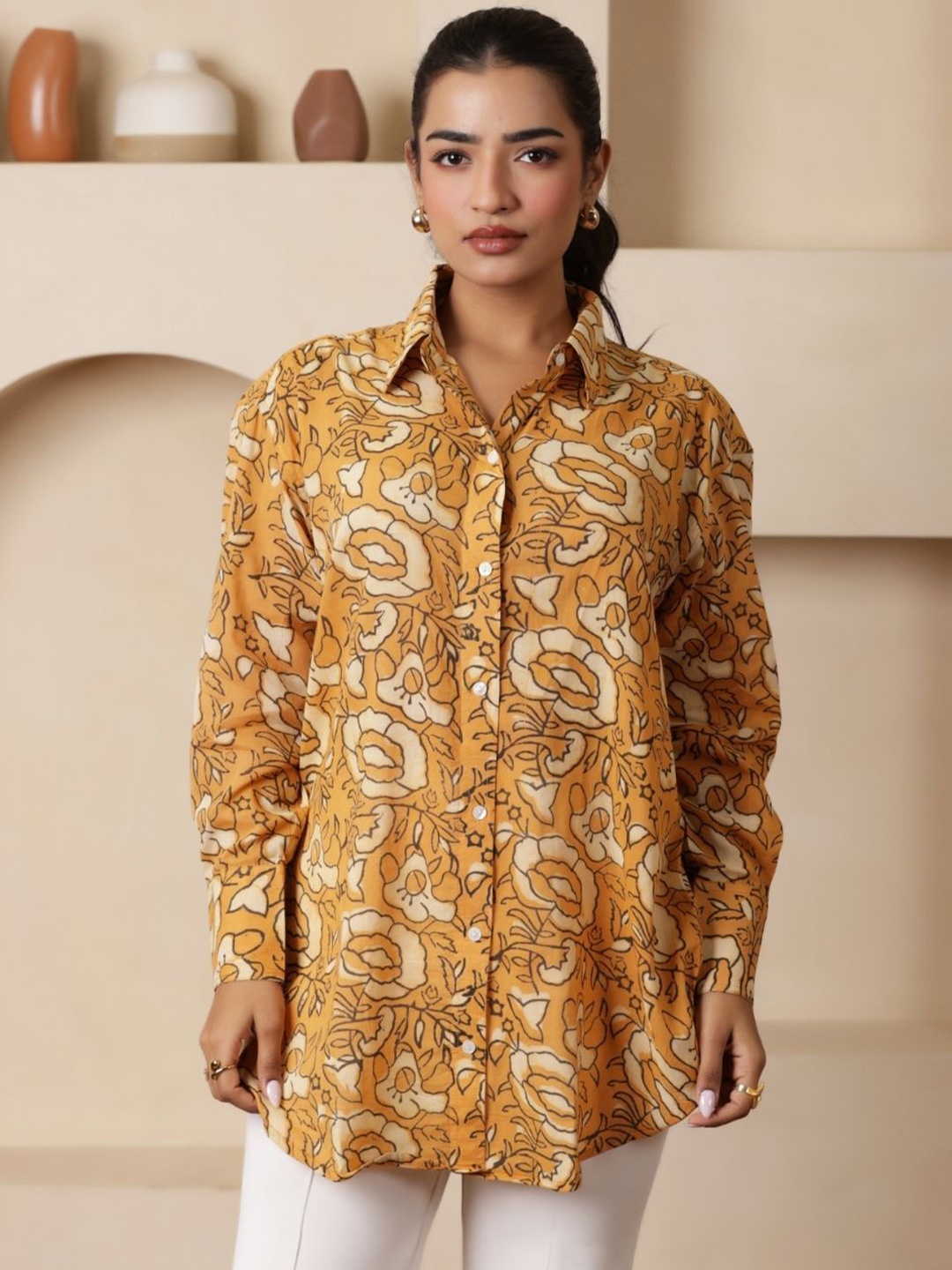 

SASSY SAJJA Women Comfort Spread Collar Floral Printed Cotton Oversized Casual Shirt, Mustard