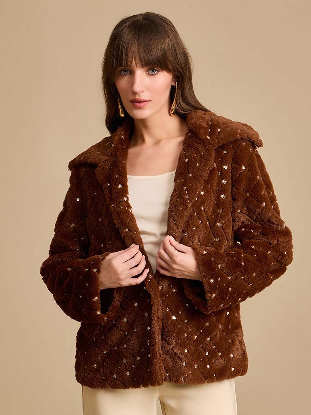 

Kazo Women Shawl Collar Self Design Casual Parka Jacket, Brown