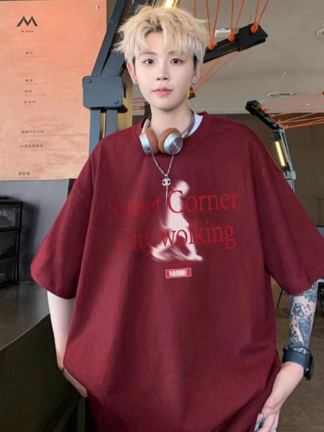 

HERE&NOW Men Typography Printed Round Neck Cotton Oversized T-shirt, Red
