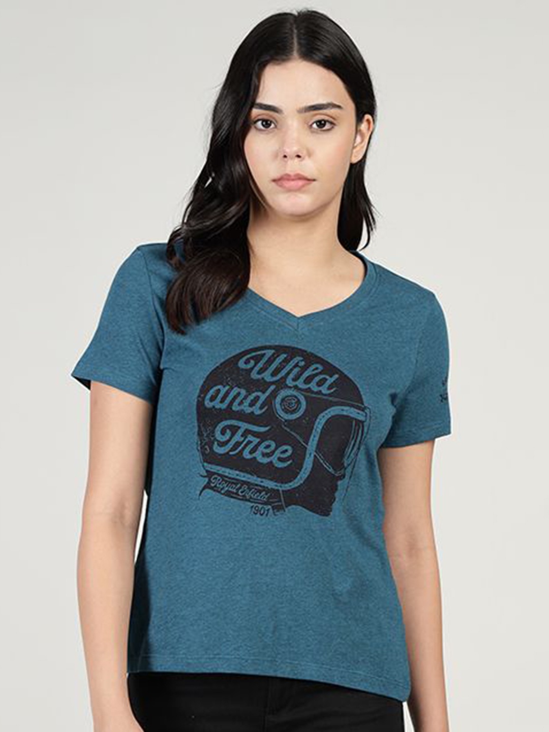 

Royal Enfield Women Graphic Printed V-Neck Cotton T-shirt, Teal