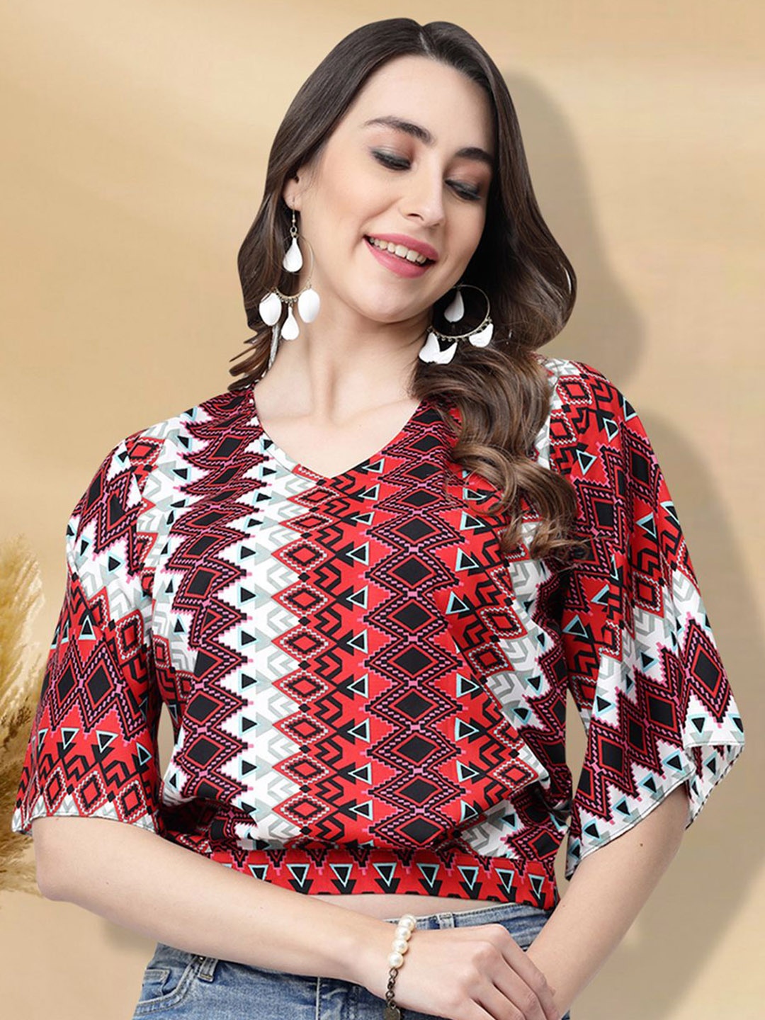 

BAESD Women Printed V-Neck Flared Sleeves Crop Top, Red