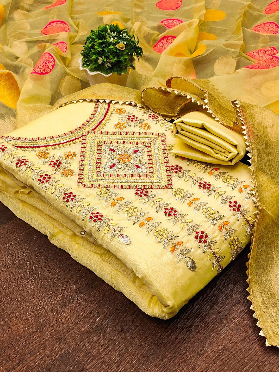 

JULEE Floral Embroidered Unstitched Dress Material, Yellow