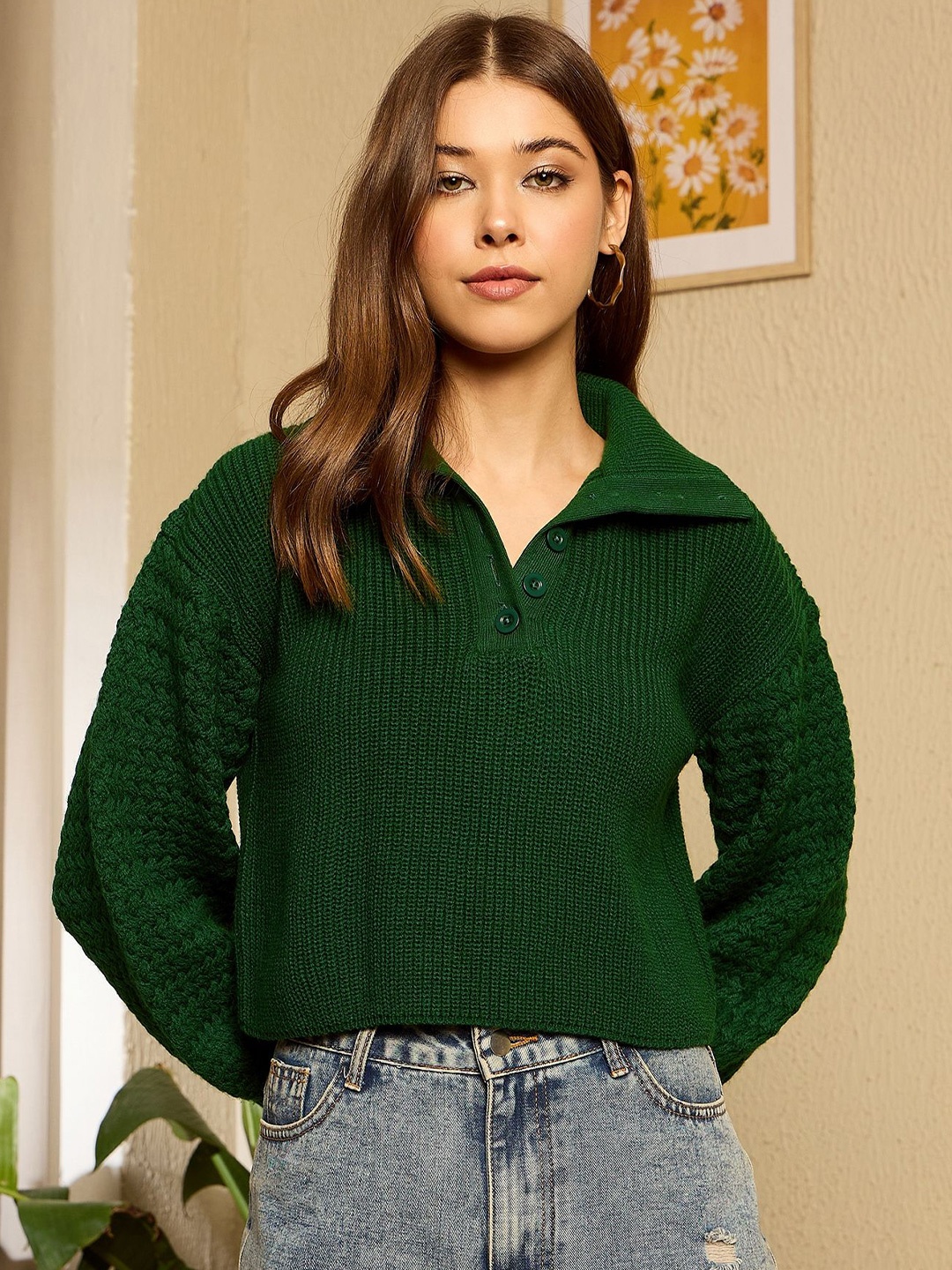 

Berrylush Women Ribbed Crop Pullover, Green