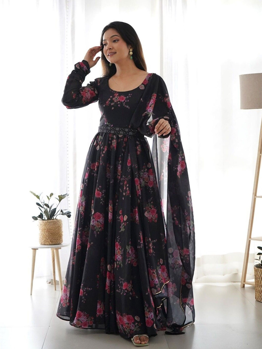 

Krunal Raiyani Women Floral Printed Round Neck Cotton Fit & Flare Maxi Dress with a Belt, Black