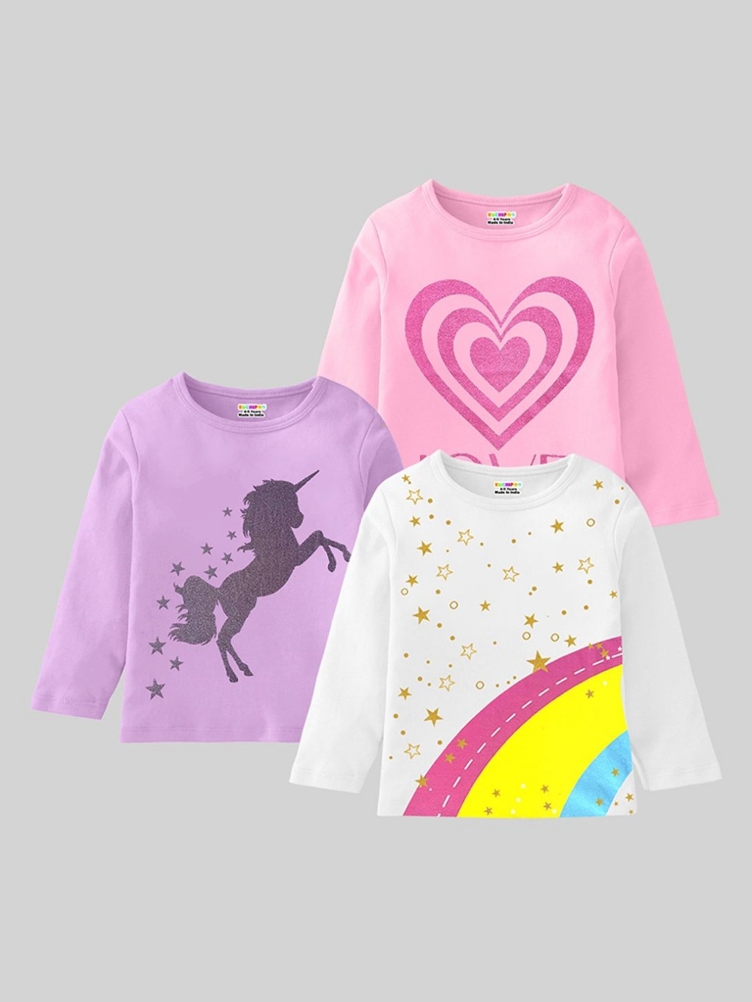 

KUCHIPOO Pack Of 3 Girls Graphic Printed Round Neck Cotton T-shirts, Pink