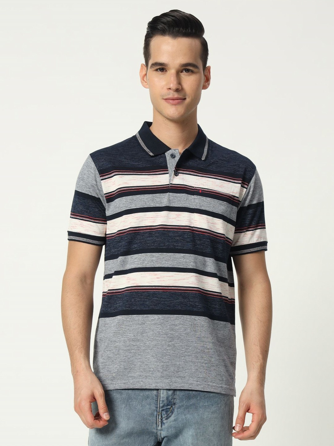 

TAB91 Men Striped Polo Collar Cotton T-shirt, Grey