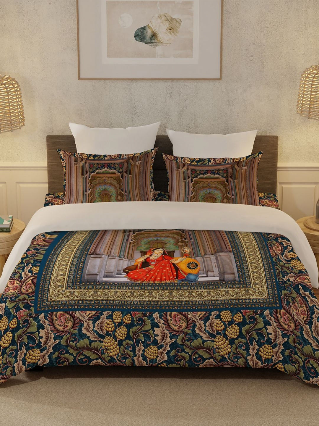 

BELLA CASA Blue & Red Graphic 300 TC Pure Cotton King Bedsheet Set 2.74 m x 2.74 m