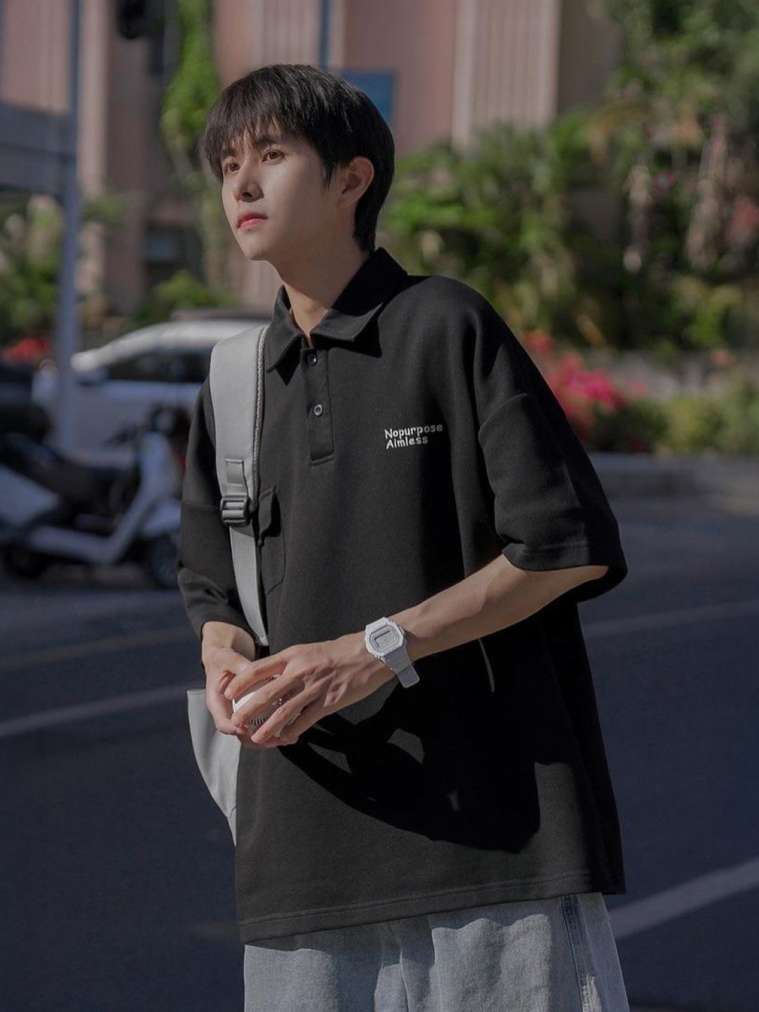 

HERE&NOW Men Typography Printed Polo Collar Oversized T-shirt, Black