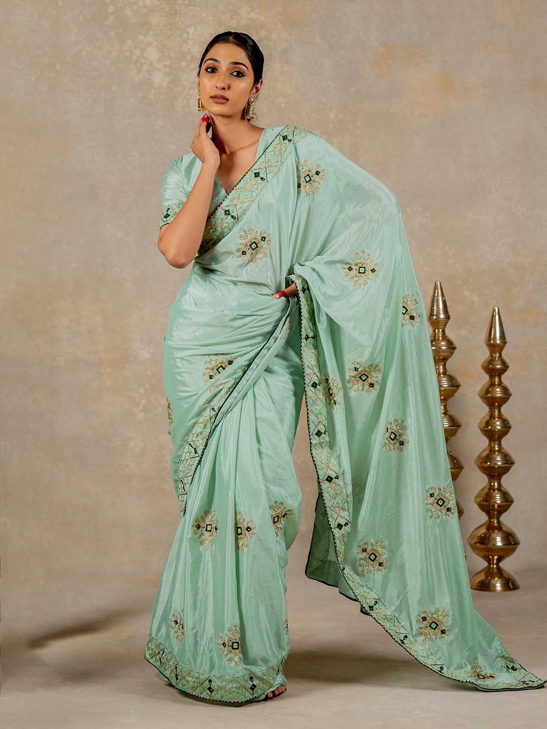 

Subham Embellished Embroidered Silk Blend Saree, Green