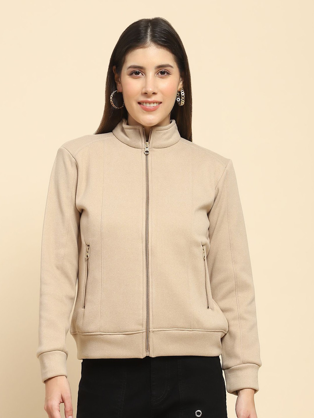 

Global Republic Women Mock Collar Front-Open Sweatshirt, Beige