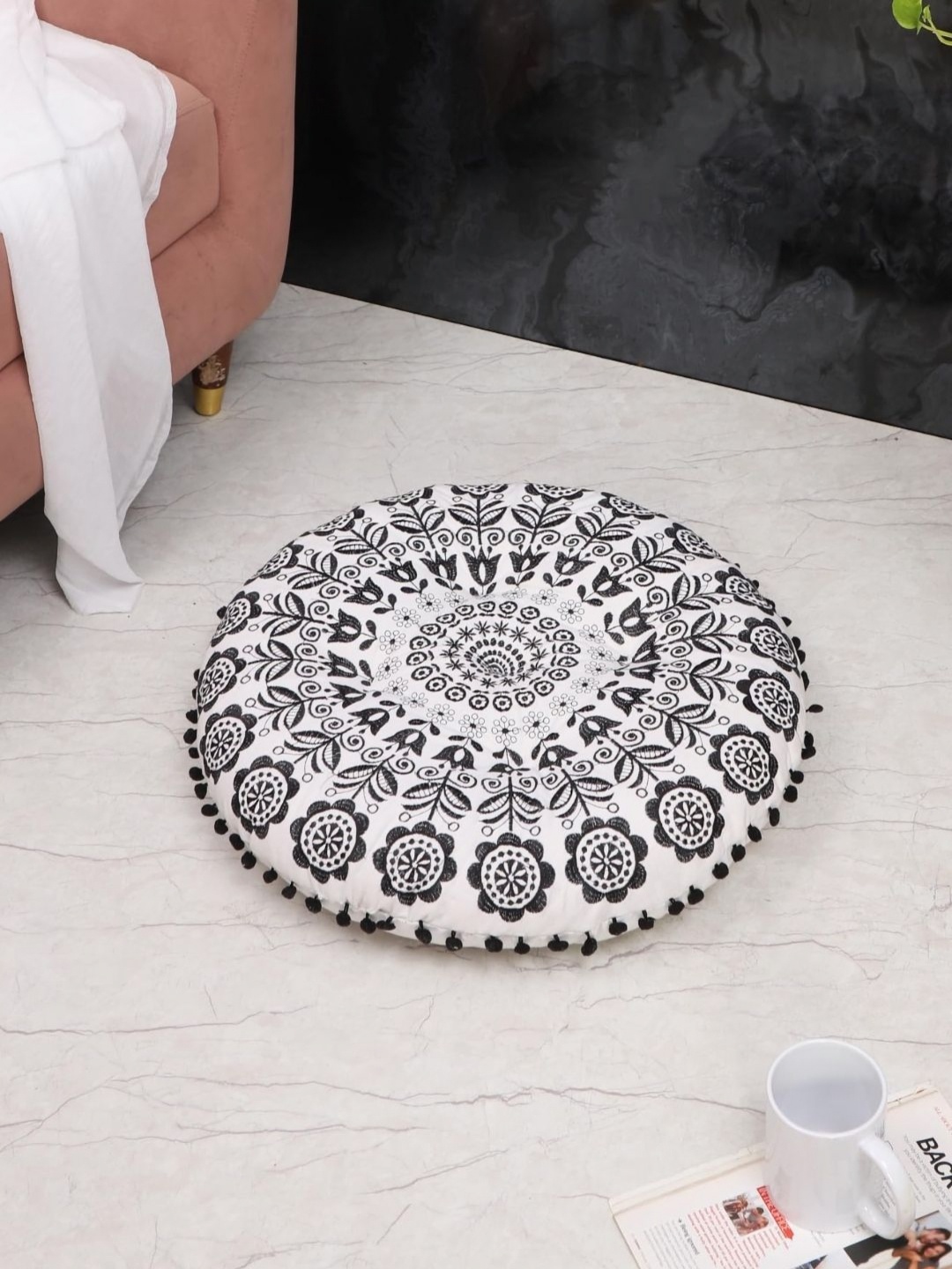 

Decoghar Black Floral Embroidered Cotton Floor Cushion