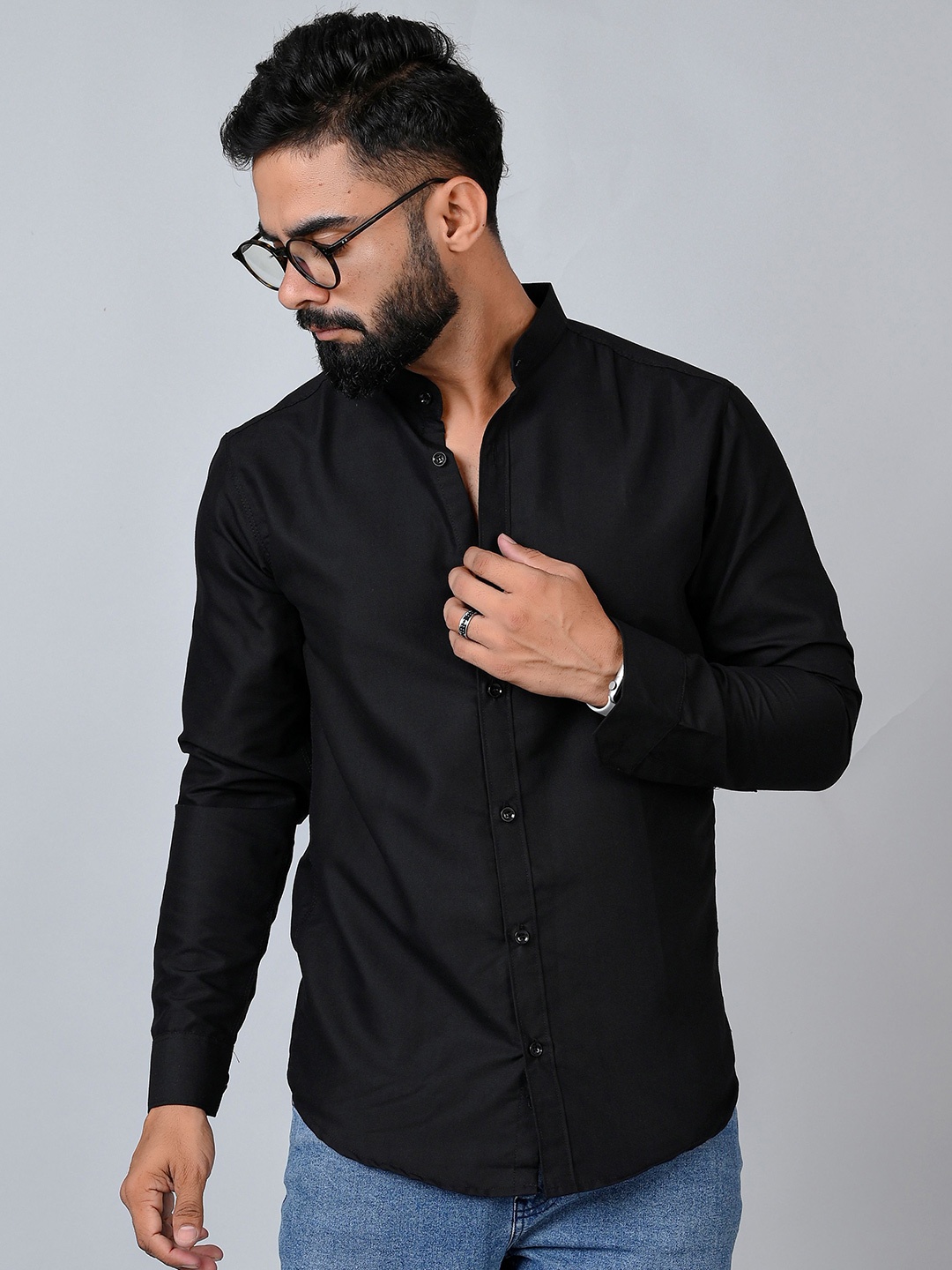 

Tanip Men Mandarin Collar Solid Cotton Casual Shirt, Black