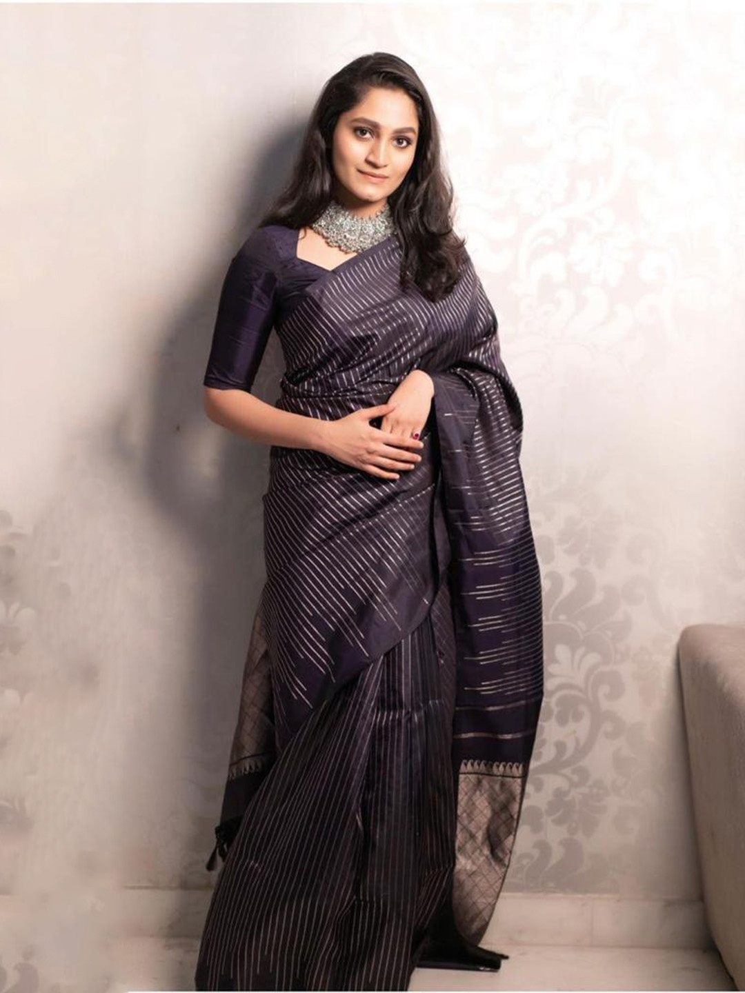 

Visit Wear Striped Pure Silk Saree, Black