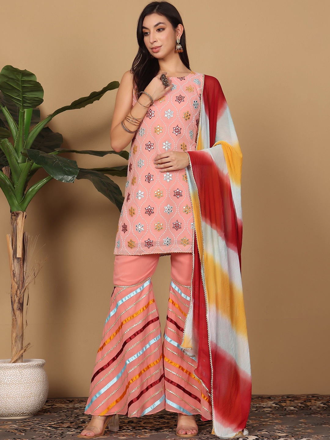

KAANCHIE NANGGIA Floral Woven Design Straight Kurta with Sharara & Dupatta, Pink
