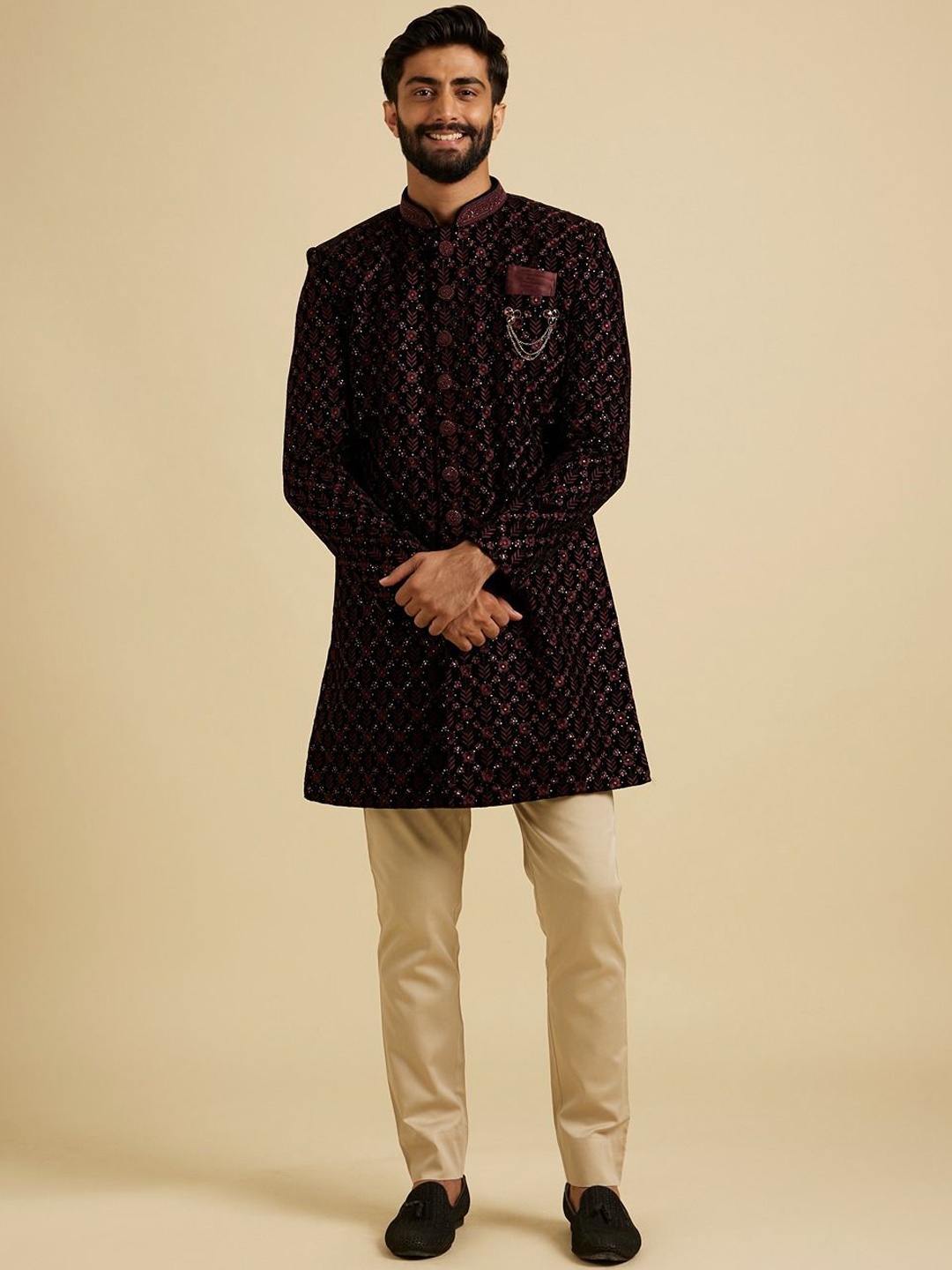 

Manyavar Embroidered Sequin work Mandarin Collar Sherwani Set, Black