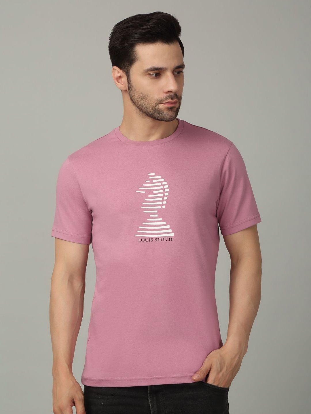 

LOUIS STITCH Men Graphic Printed Round Neck Cotton T-shirt, Pink