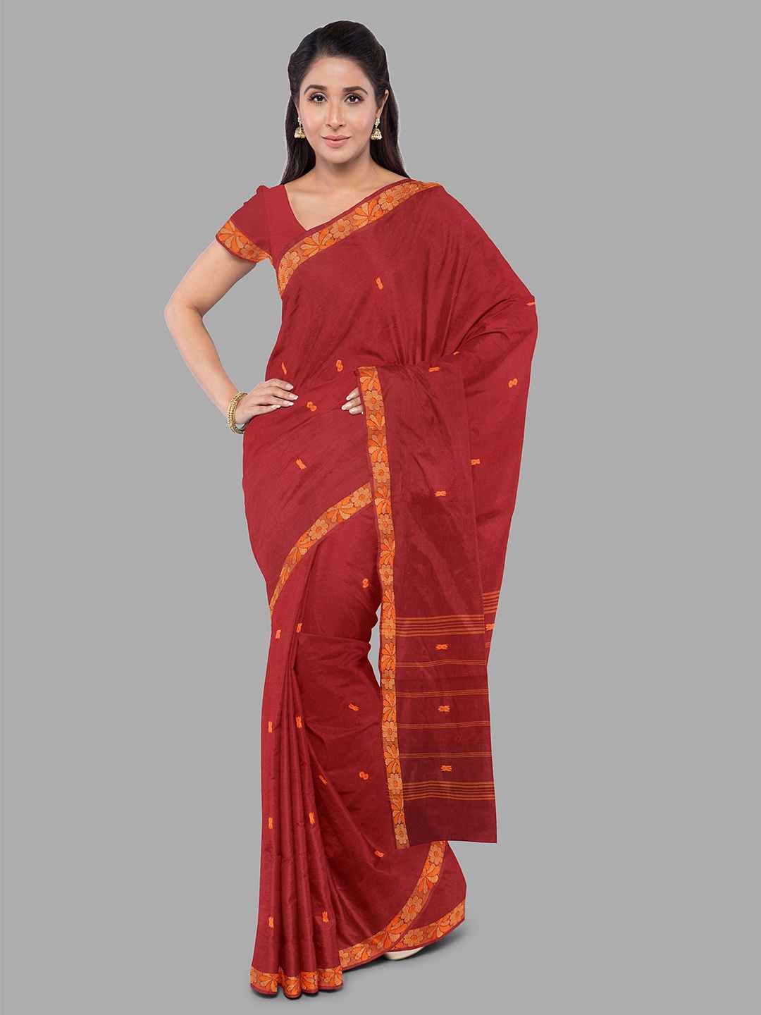 

The Chennai Silks Floral Embroidered Pure Cotton Muga Saree, Maroon