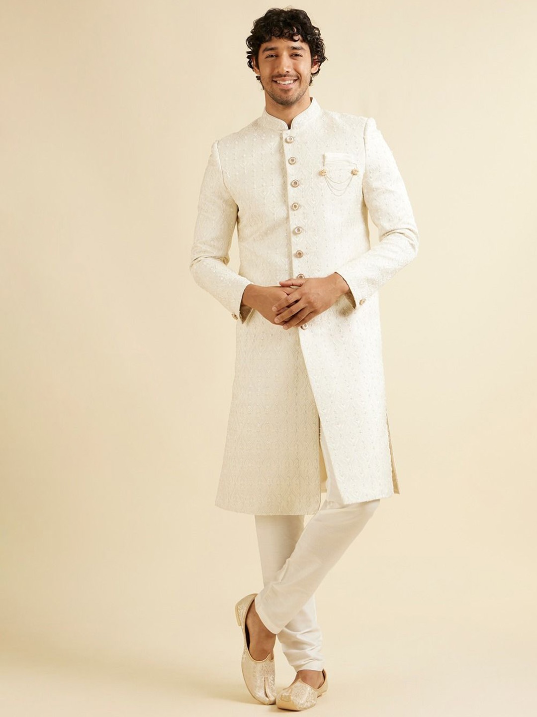 

Manyavar Brocade Self Texture Sherwani Set, Cream