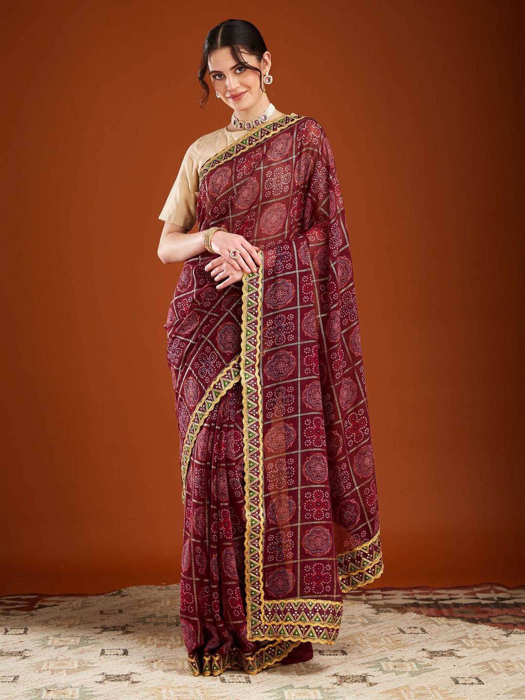 

MAHALASA Embroidered Pure Georgette Bandhani Saree, Maroon